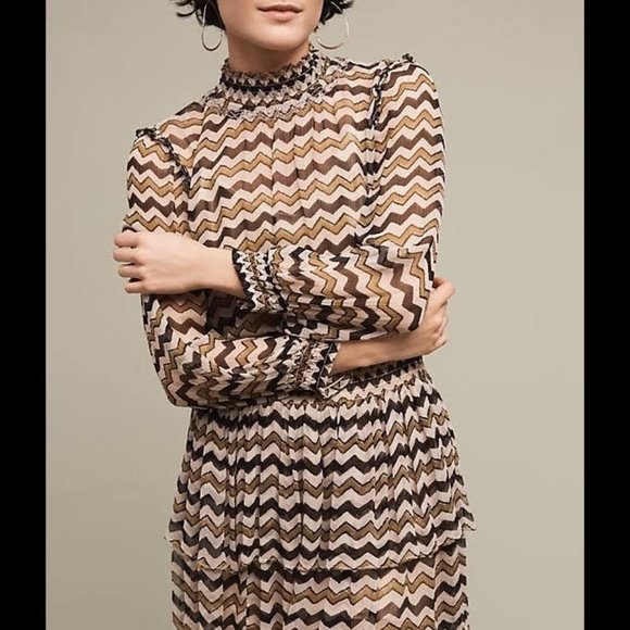 HD In Paris Anthropologie Sierade Zigzag Mini Dress Ruffle Smocked size 0 - Picture 2 of 16